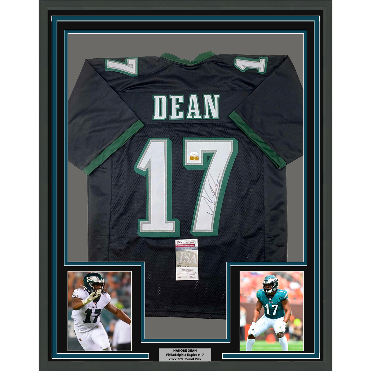 Camiseta de fútbol americano negra de Filadelfia de Nakobe Dean, enmarcada, autografiada y firmada, 35 x 39, JSA COA