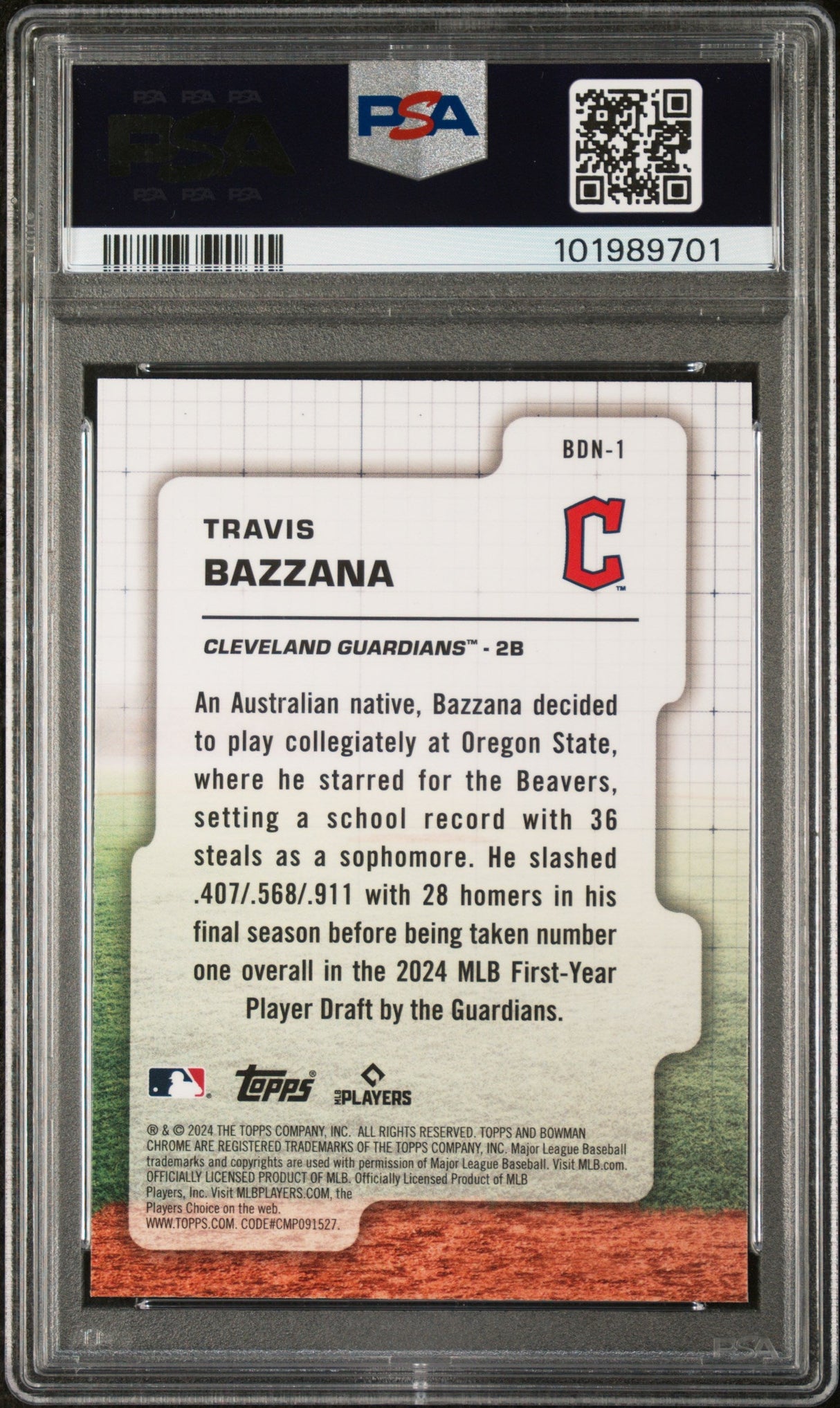 Tarjeta de béisbol RC Travis Bazzana #BDN1 Draft Night Rookie de Topps Bowman Draft 2024 PSA 10 Gem Mint