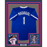 Camiseta de béisbol azul Chicago Beckett BAS COA enmarcada, autografiada y firmada por Nick Madrigal, 35 x 39