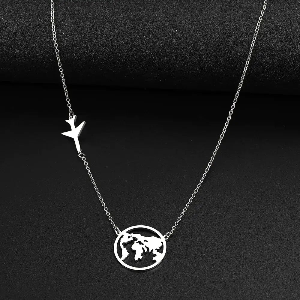 Stainless Steel Necklaces Airplane Globe Map Traveler Pendants Fashion - Lootquake