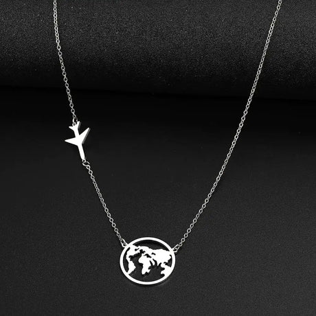 Stainless Steel Necklaces Airplane Globe Map Traveler Pendants Fashion - Lootquake