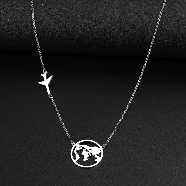 Stainless Steel Necklaces Airplane Globe Map Traveler Pendants Fashion - Lootquake