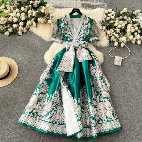 Summer Bohemian Paisley Print Long Dress Women V-Neck Short Puff Sleeve Vintage Print Bandage Lace Up Robe Vestidos Clothes 6237 - Lootquake