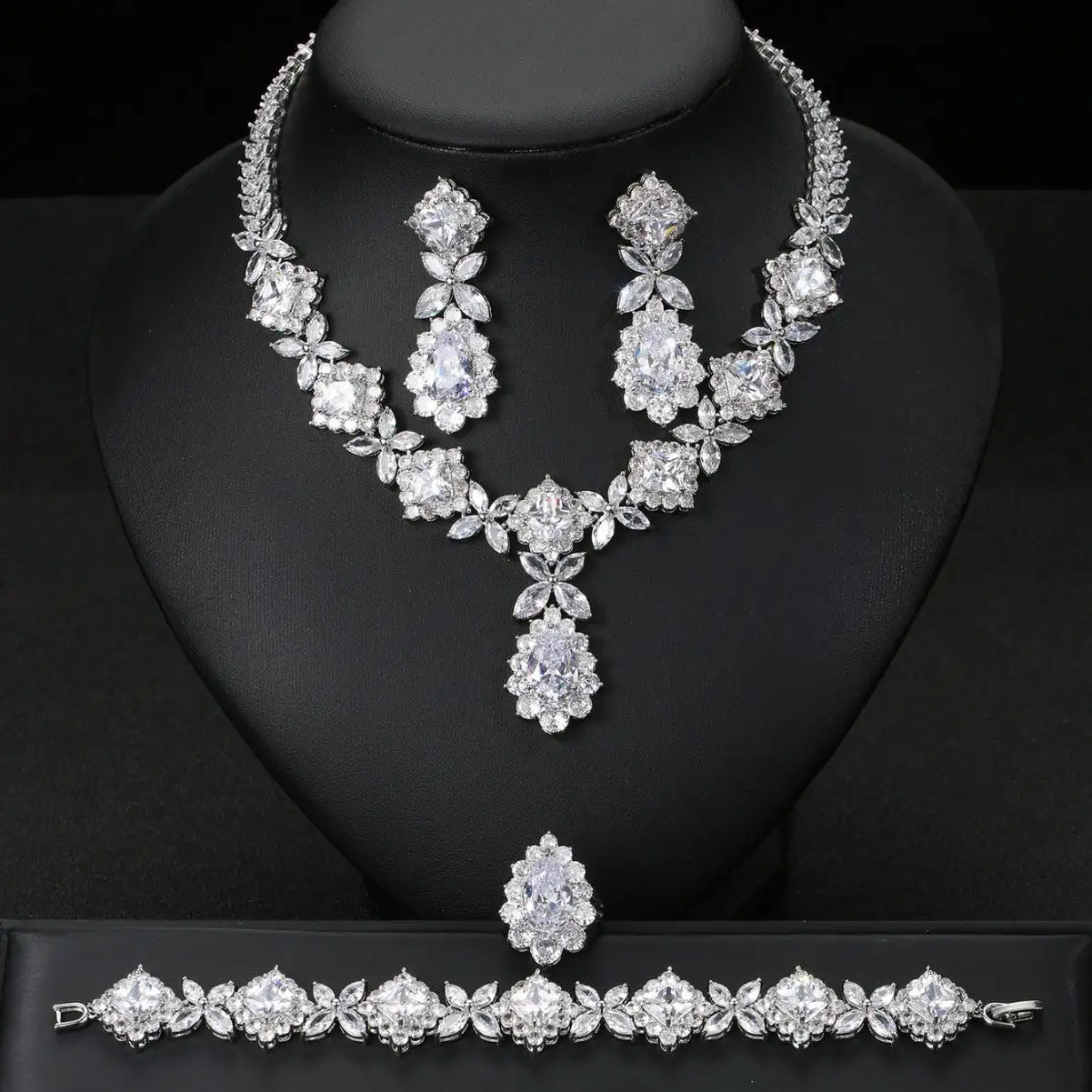 European And American Luxury Zircon Necklace Earring Bracelet Ring Suit - Lootquake