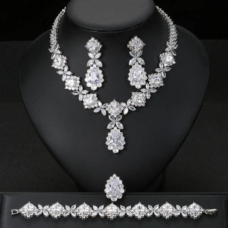 European And American Luxury Zircon Necklace Earring Bracelet Ring Suit - Lootquake