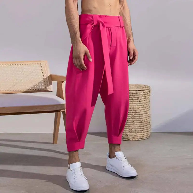 Men's Loose Solid Color Cropped Pants Belt Decoration European And American - Lootquake