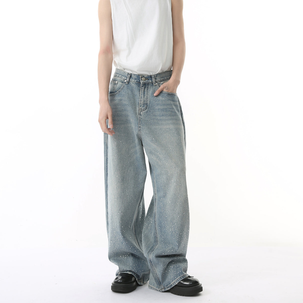 Hot Rhinestone Fashionable Loose Straight Loose Washed-out Jeans Fashion - Lootquake
