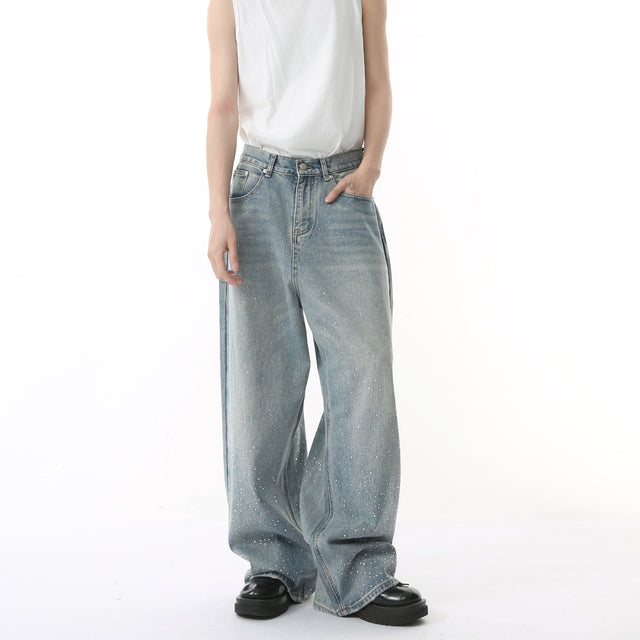 Hot Rhinestone Fashionable Loose Straight Loose Washed-out Jeans Fashion - Lootquake