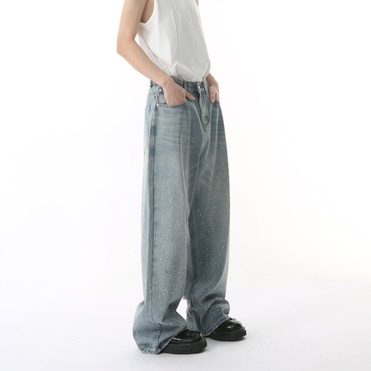 Hot Rhinestone Fashionable Loose Straight Loose Washed-out Jeans Fashion - Lootquake