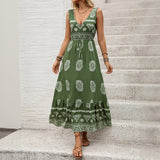 New Holiday Printed Green Ethnic Style Casual V-neck High Waist Dress For Women