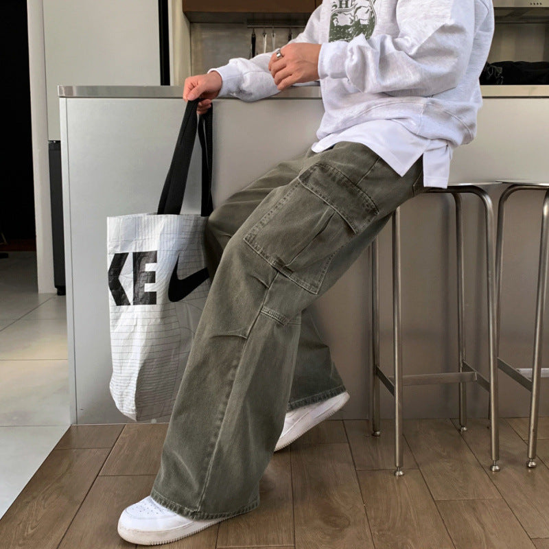 Cargo Jeans Washed-out Vintage Large Pocket Straight-leg Pants - Lootquake