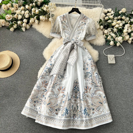 Summer Bohemian Paisley Print Long Dress Women V-Neck Short Puff Sleeve Vintage Print Bandage Lace Up Robe Vestidos Clothes 6237 - Lootquake