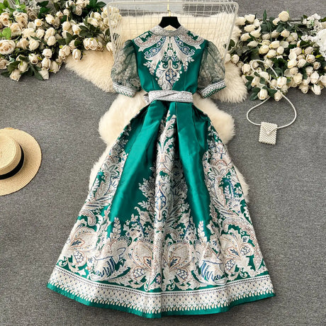 Summer Bohemian Paisley Print Long Dress Women V-Neck Short Puff Sleeve Vintage Print Bandage Lace Up Robe Vestidos Clothes 6237 - Lootquake