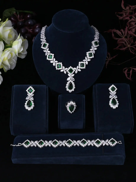 European And American Luxury Zircon Necklace Earring Bracelet Ring Suit - Lootquake