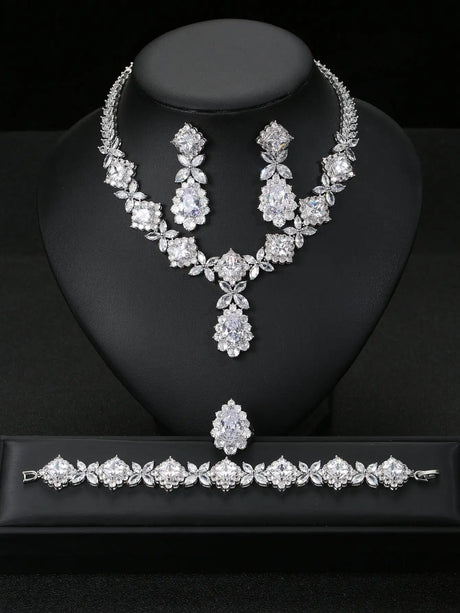 European And American Luxury Zircon Necklace Earring Bracelet Ring Suit - Lootquake