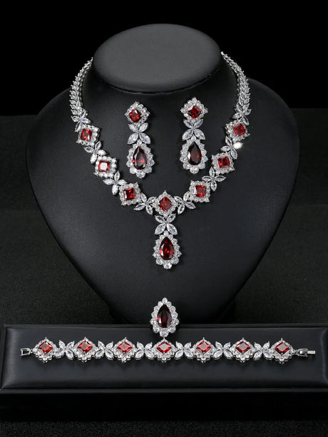 European And American Luxury Zircon Necklace Earring Bracelet Ring Suit - Lootquake