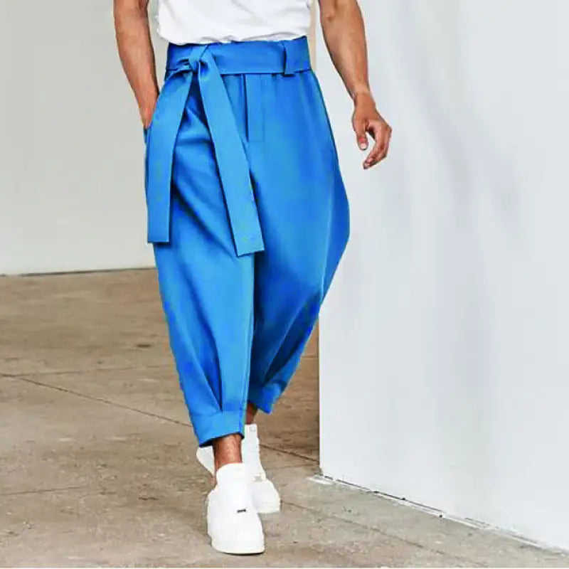 Men's Loose Solid Color Cropped Pants Belt Decoration European And American - Lootquake