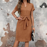 Women's V-neck Solid Color Short Sleeve Bow Belt Dress