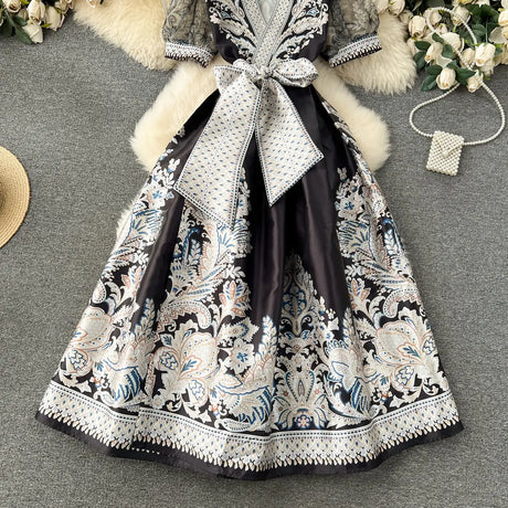 Summer Bohemian Paisley Print Long Dress Women V-Neck Short Puff Sleeve Vintage Print Bandage Lace Up Robe Vestidos Clothes 6237 - Lootquake