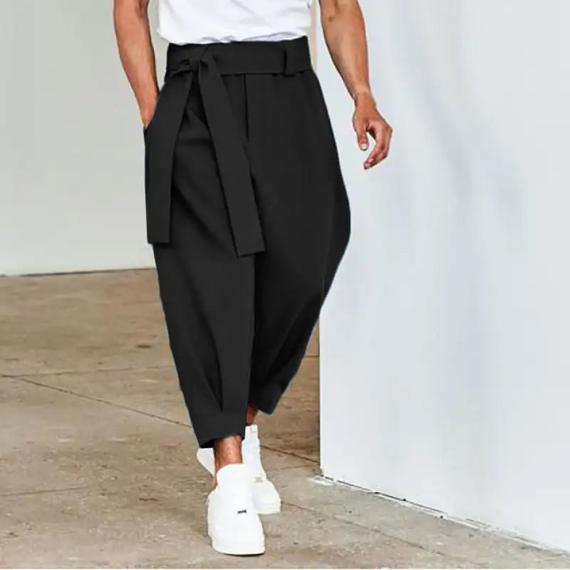 Men's Loose Solid Color Cropped Pants Belt Decoration European And American - Lootquake