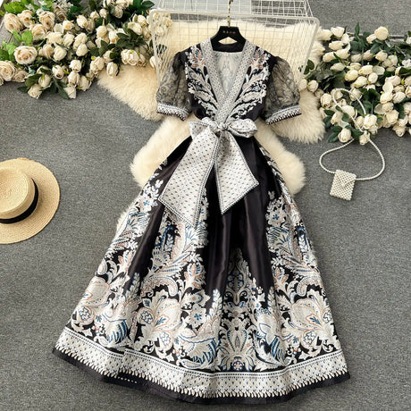 Summer Bohemian Paisley Print Long Dress Women V-Neck Short Puff Sleeve Vintage Print Bandage Lace Up Robe Vestidos Clothes 6237 - Lootquake