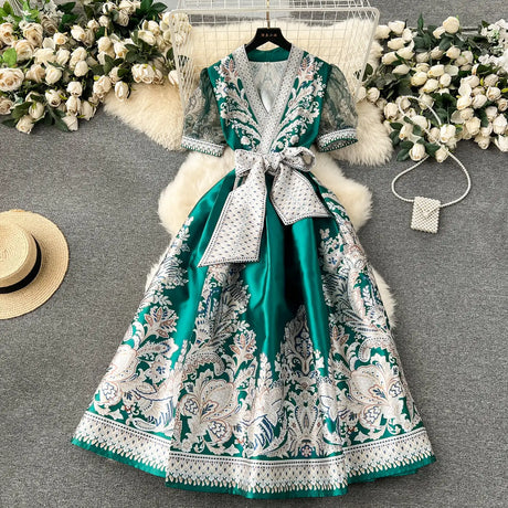 Summer Bohemian Paisley Print Long Dress Women V-Neck Short Puff Sleeve Vintage Print Bandage Lace Up Robe Vestidos Clothes 6237 - Lootquake