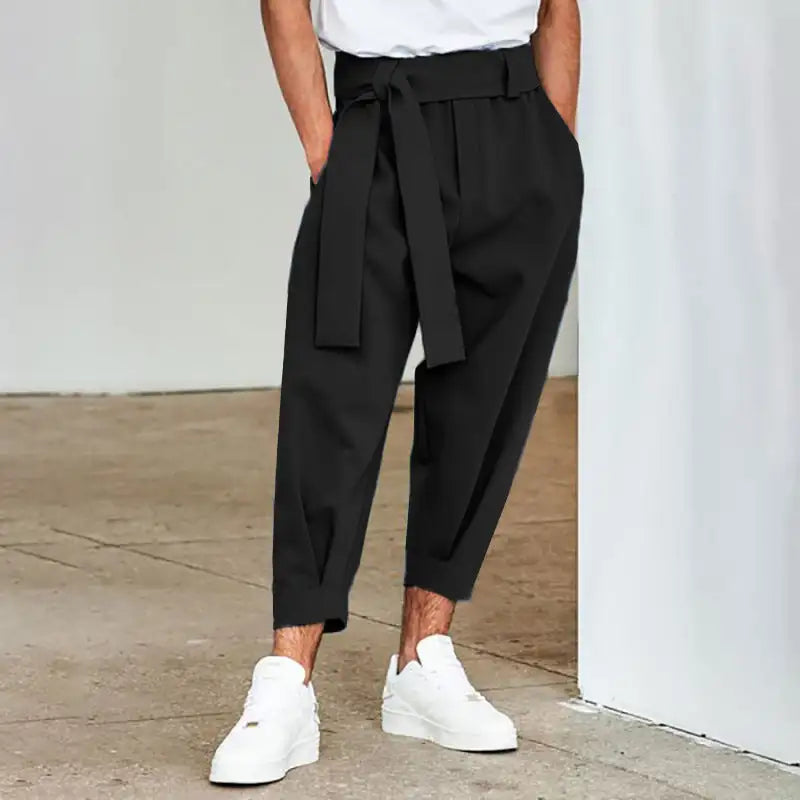 Men's Loose Solid Color Cropped Pants Belt Decoration European And American - Lootquake