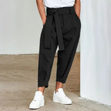 Men's Loose Solid Color Cropped Pants Belt Decoration European And American - Lootquake