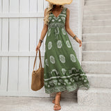 New Holiday Printed Green Ethnic Style Casual V-neck High Waist Dress For Women
