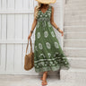 New Holiday Printed Green Ethnic Style Casual V-neck High Waist Dress For Women