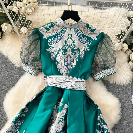 Summer Bohemian Paisley Print Long Dress Women V-Neck Short Puff Sleeve Vintage Print Bandage Lace Up Robe Vestidos Clothes 6237 - Lootquake