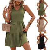 Women's  European And American Summer Casual V-neck Three-layer Pleated Sleeveless Vest Dress