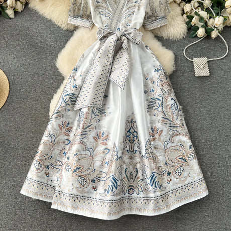 Summer Bohemian Paisley Print Long Dress Women V-Neck Short Puff Sleeve Vintage Print Bandage Lace Up Robe Vestidos Clothes 6237 - Lootquake