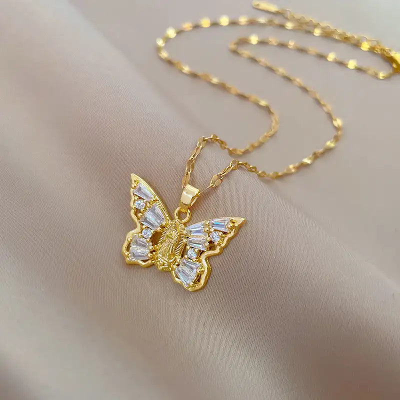 Titanium Steel Micro-inlaid Portrait Butterfly Zircon Necklace - Lootquake