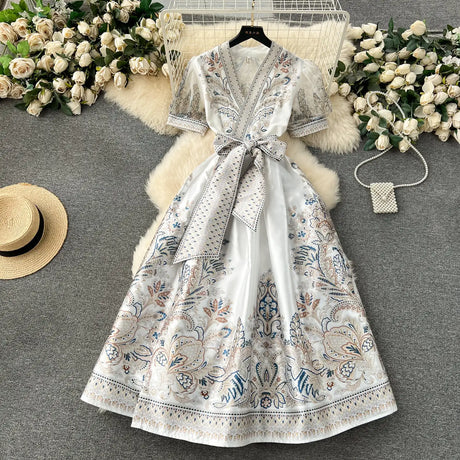 Summer Bohemian Paisley Print Long Dress Women V-Neck Short Puff Sleeve Vintage Print Bandage Lace Up Robe Vestidos Clothes 6237 - Lootquake