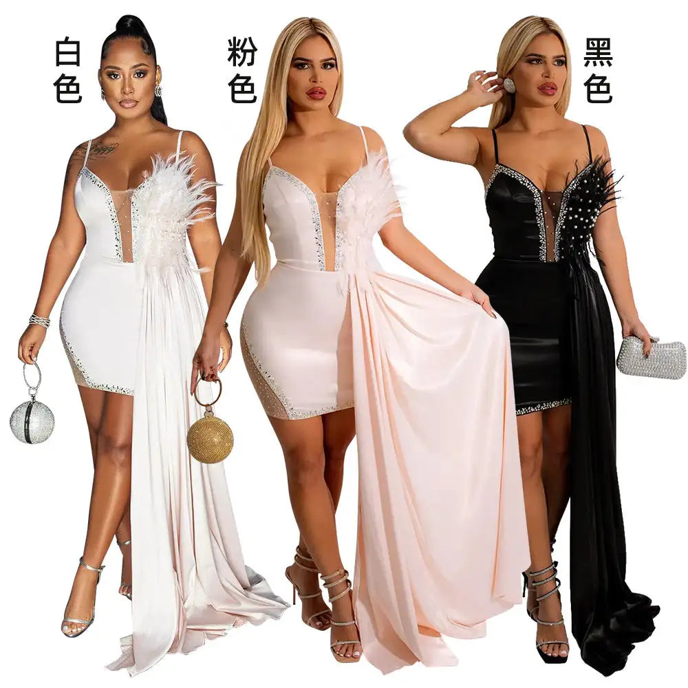 White Angel Feather Dress Luxury Design Women's Off Shoulder Elegant Long Dress Halloween Christmas Party Evening Wedding Dress - Lootquake