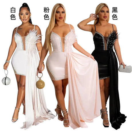 White Angel Feather Dress Luxury Design Women's Off Shoulder Elegant Long Dress Halloween Christmas Party Evening Wedding Dress - Lootquake