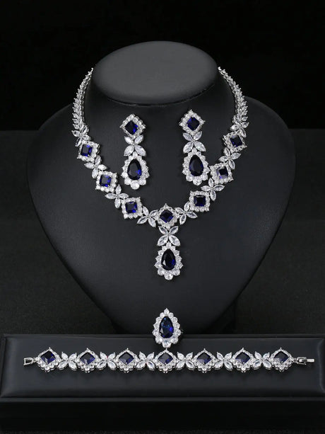 European And American Luxury Zircon Necklace Earring Bracelet Ring Suit - Lootquake