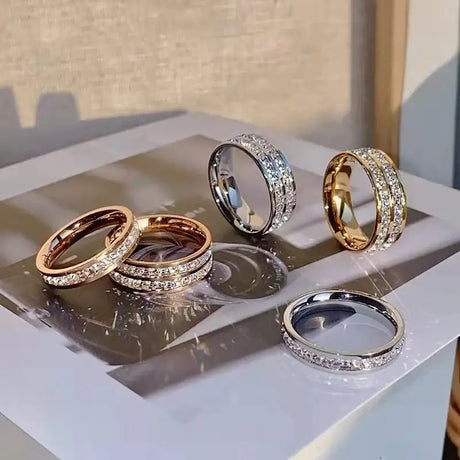 Titanium Steel Couple Single And Double Row Diamond Ring - Lootquake