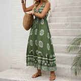 New Holiday Printed Green Ethnic Style Casual V-neck High Waist Dress For Women