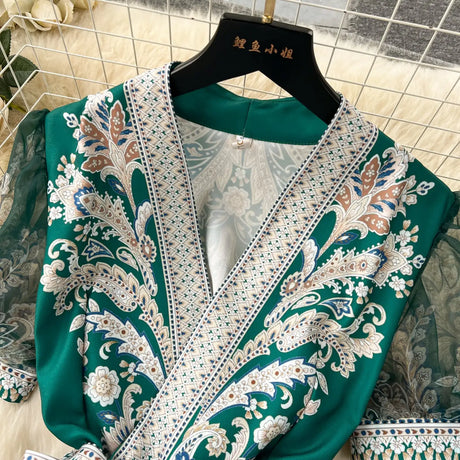 Summer Bohemian Paisley Print Long Dress Women V-Neck Short Puff Sleeve Vintage Print Bandage Lace Up Robe Vestidos Clothes 6237 - Lootquake