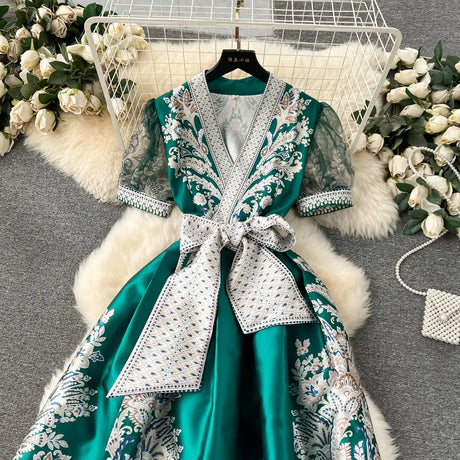 Summer Bohemian Paisley Print Long Dress Women V-Neck Short Puff Sleeve Vintage Print Bandage Lace Up Robe Vestidos Clothes 6237 - Lootquake