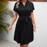 Women's V-neck Solid Color Short Sleeve Bow Belt Dress