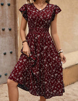 Fashion Elegant Women's V-neck Belted Ruffle Sleeve Print Dress