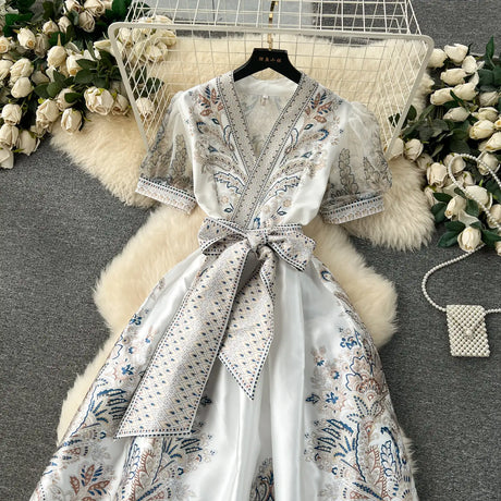 Summer Bohemian Paisley Print Long Dress Women V-Neck Short Puff Sleeve Vintage Print Bandage Lace Up Robe Vestidos Clothes 6237 - Lootquake