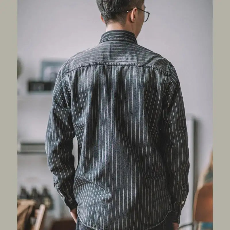 Vintage Vertical Stripes Denim Shirt Workwear Washed Old Long Sleeve Men - Lootquake
