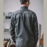Vintage Vertical Stripes Denim Shirt Workwear Washed Old Long Sleeve Men - Lootquake