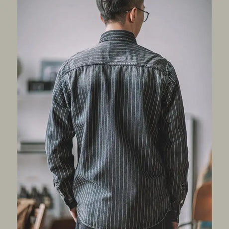 Vintage Vertical Stripes Denim Shirt Workwear Washed Old Long Sleeve Men - Lootquake