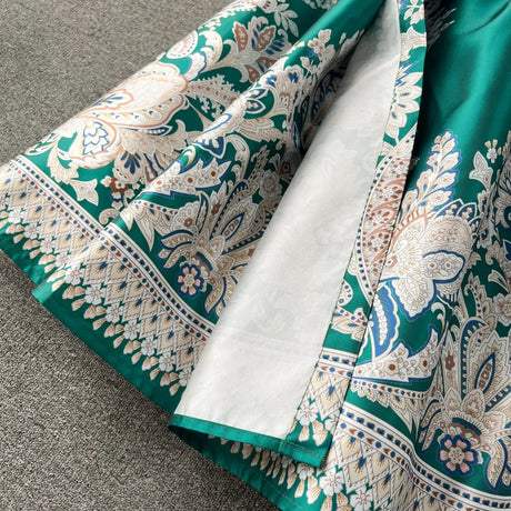 Summer Bohemian Paisley Print Long Dress Women V-Neck Short Puff Sleeve Vintage Print Bandage Lace Up Robe Vestidos Clothes 6237 - Lootquake