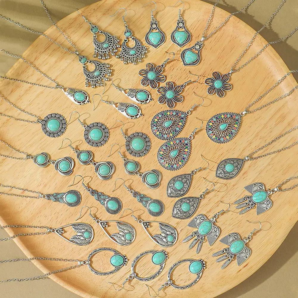 Fashion Turquoise Long Pendant Ear Rings Suit - Lootquake